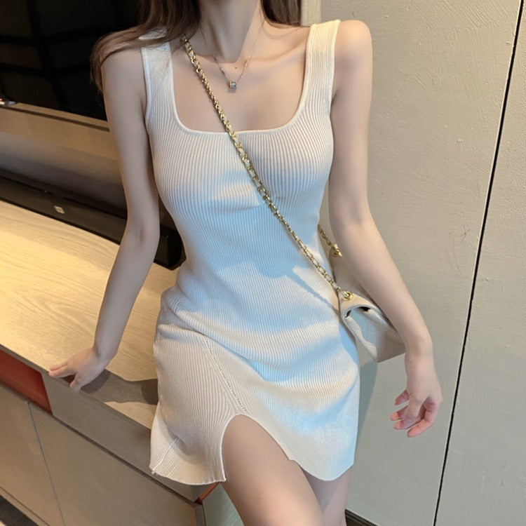 Round Neck Versatile Bottom Skirt Side Split Short Dress