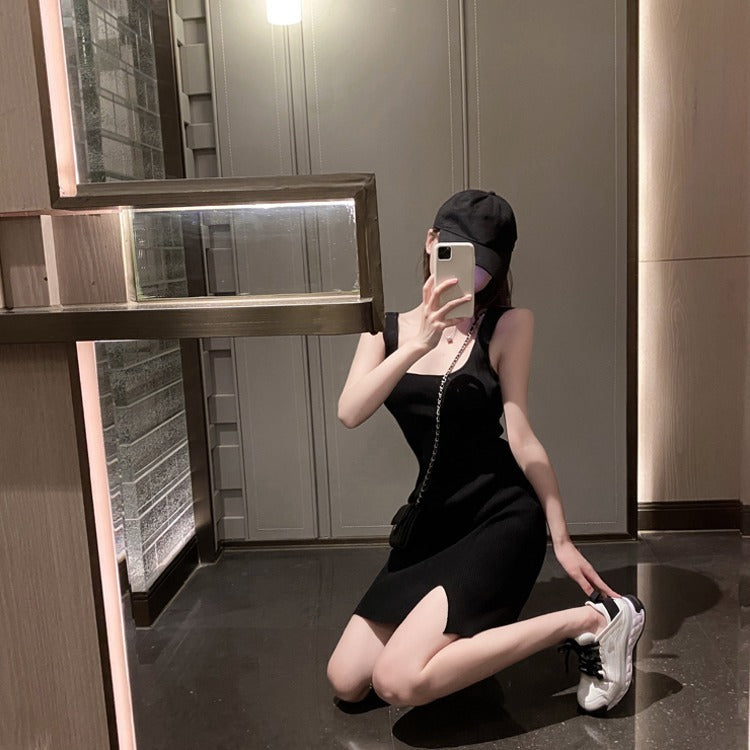 Round Neck Versatile Bottom Skirt Side Split Short Dress