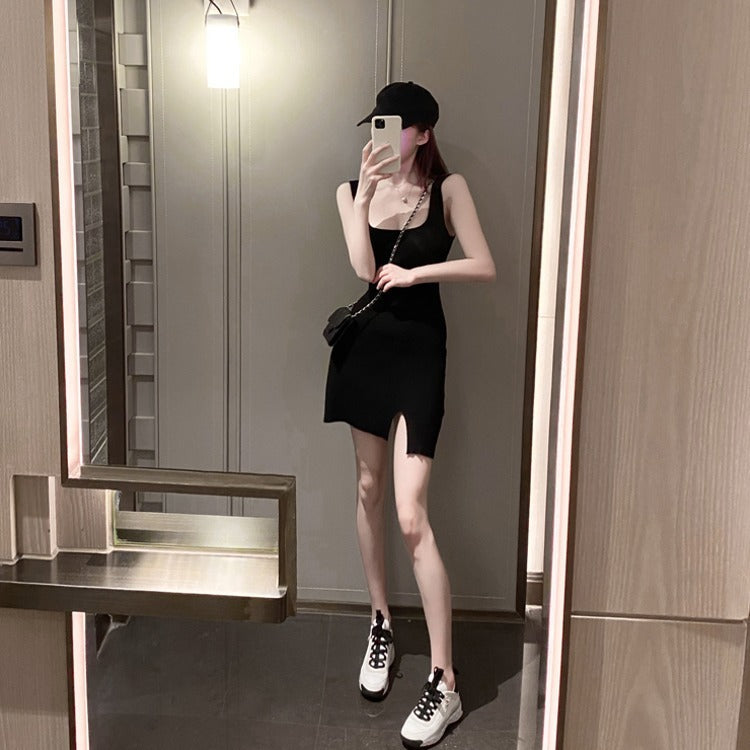 Round Neck Versatile Bottom Skirt Side Split Short Dress