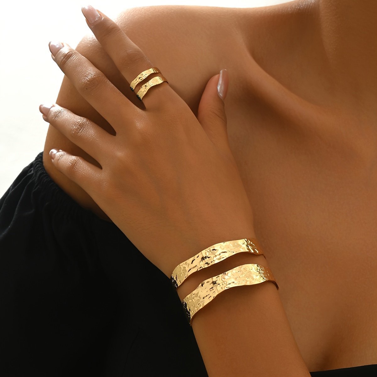 14K Gold -Toned Hammered Texture  Cuff Bracelet And Ring Set