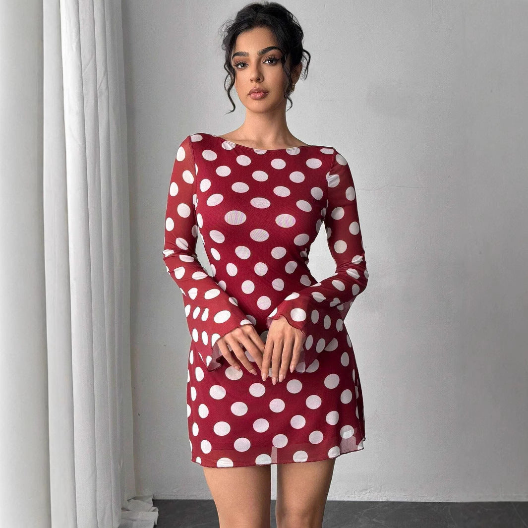 Sexy Polka Dot Backless Mesh Flare Sleeve Mini Dress