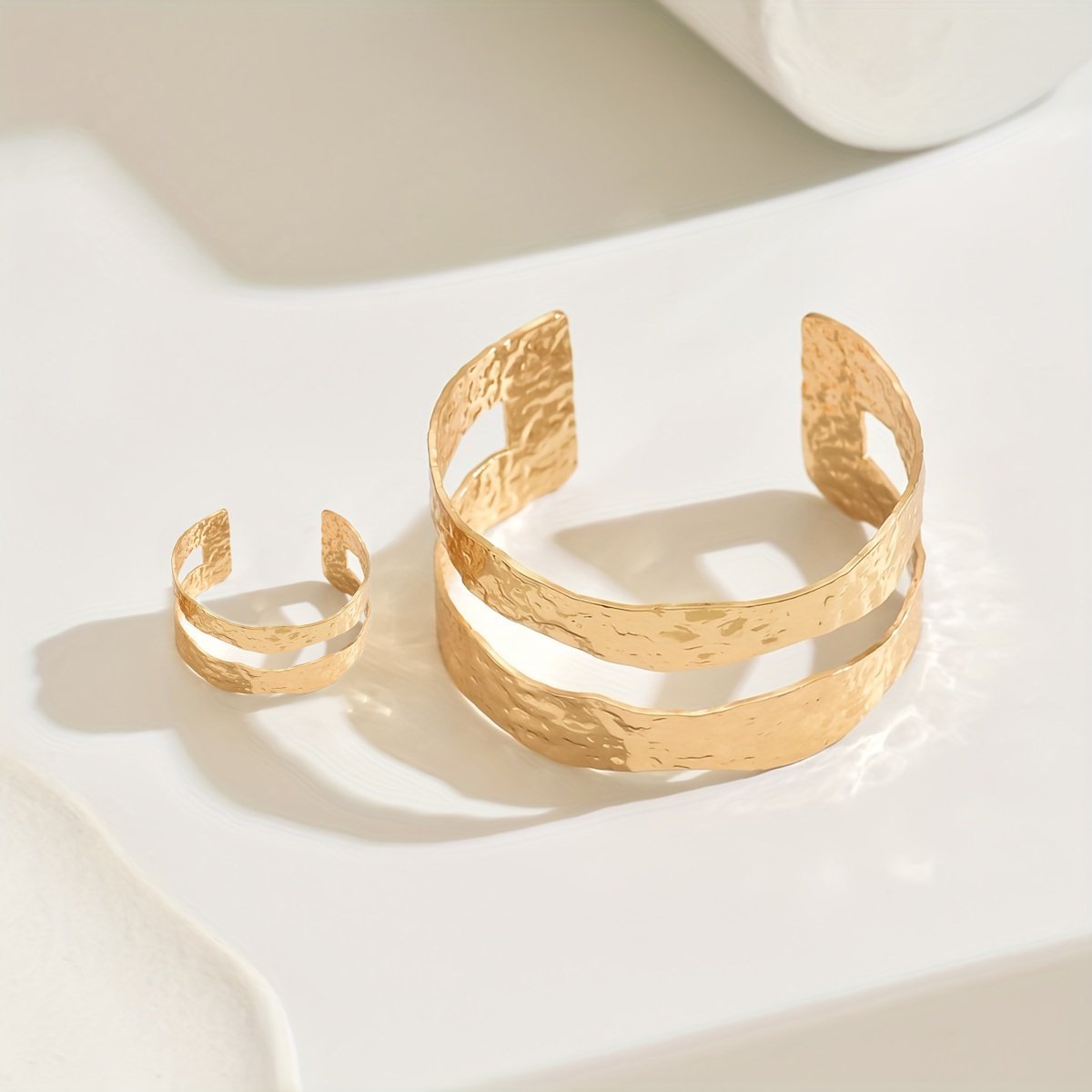 14K Gold -Toned Hammered Texture  Cuff Bracelet And Ring Set
