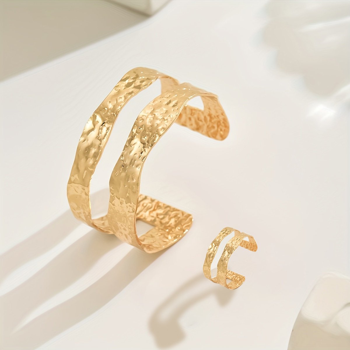 14K Gold -Toned Hammered Texture  Cuff Bracelet And Ring Set