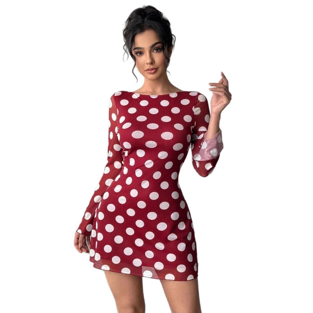 Sexy Polka Dot Backless Mesh Flare Sleeve Mini Dress