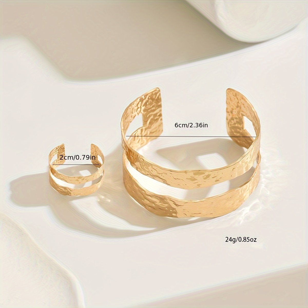 14K Gold -Toned Hammered Texture  Cuff Bracelet And Ring Set