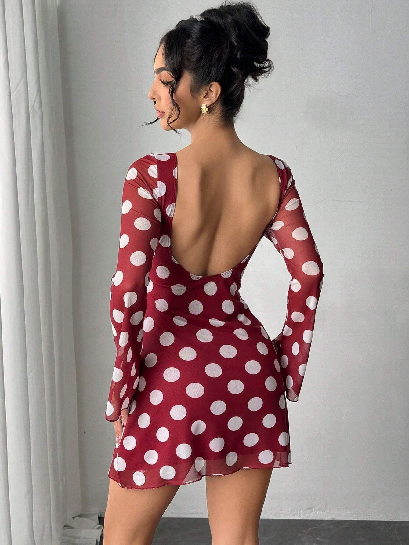Sexy Polka Dot Backless Mesh Flare Sleeve Mini Dress