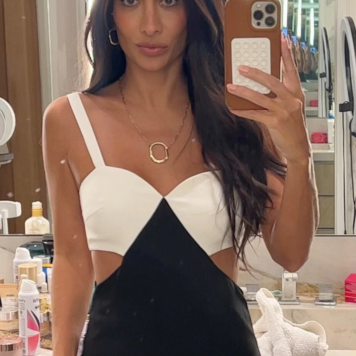 Color Contrast Patchwork Suspender Dress Women's Fashion