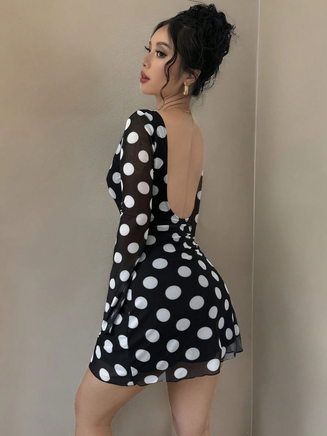 Sexy Polka Dot Backless Mesh Flare Sleeve Mini Dress