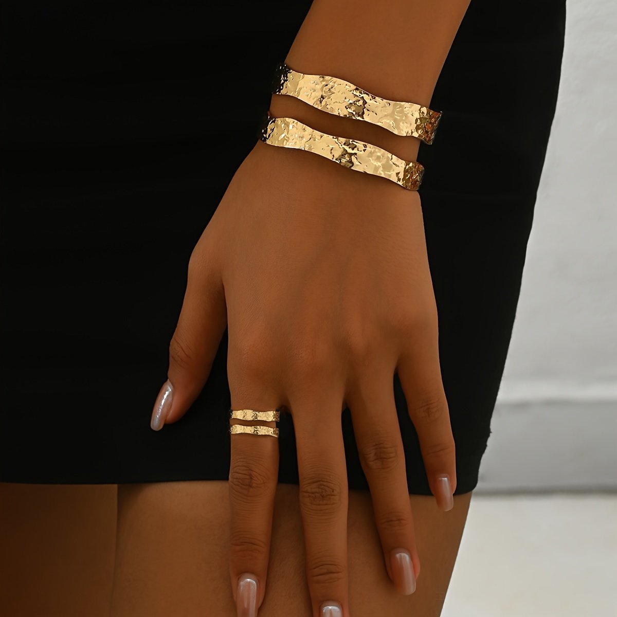 14K Gold -Toned Hammered Texture  Cuff Bracelet And Ring Set