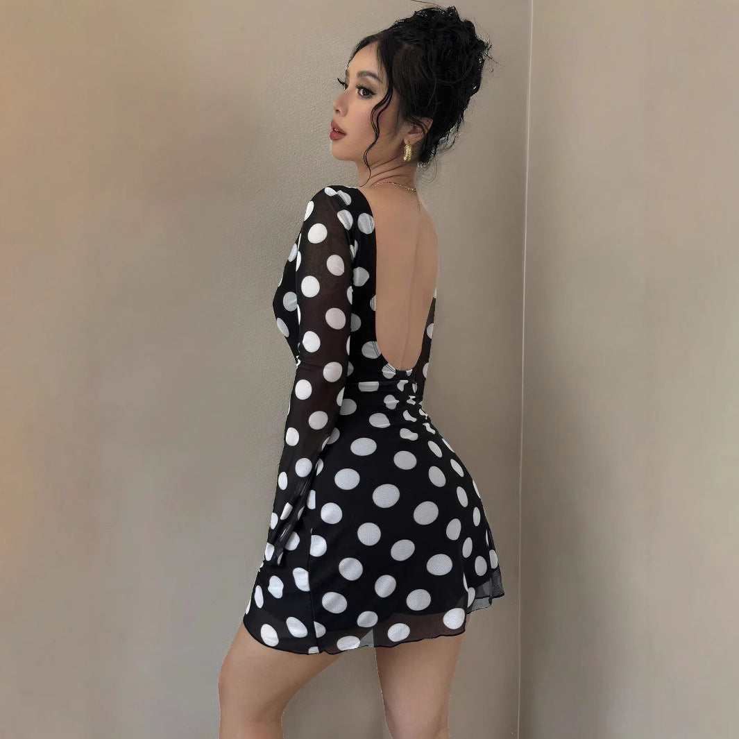 Sexy Polka Dot Backless Mesh Flare Sleeve Mini Dress