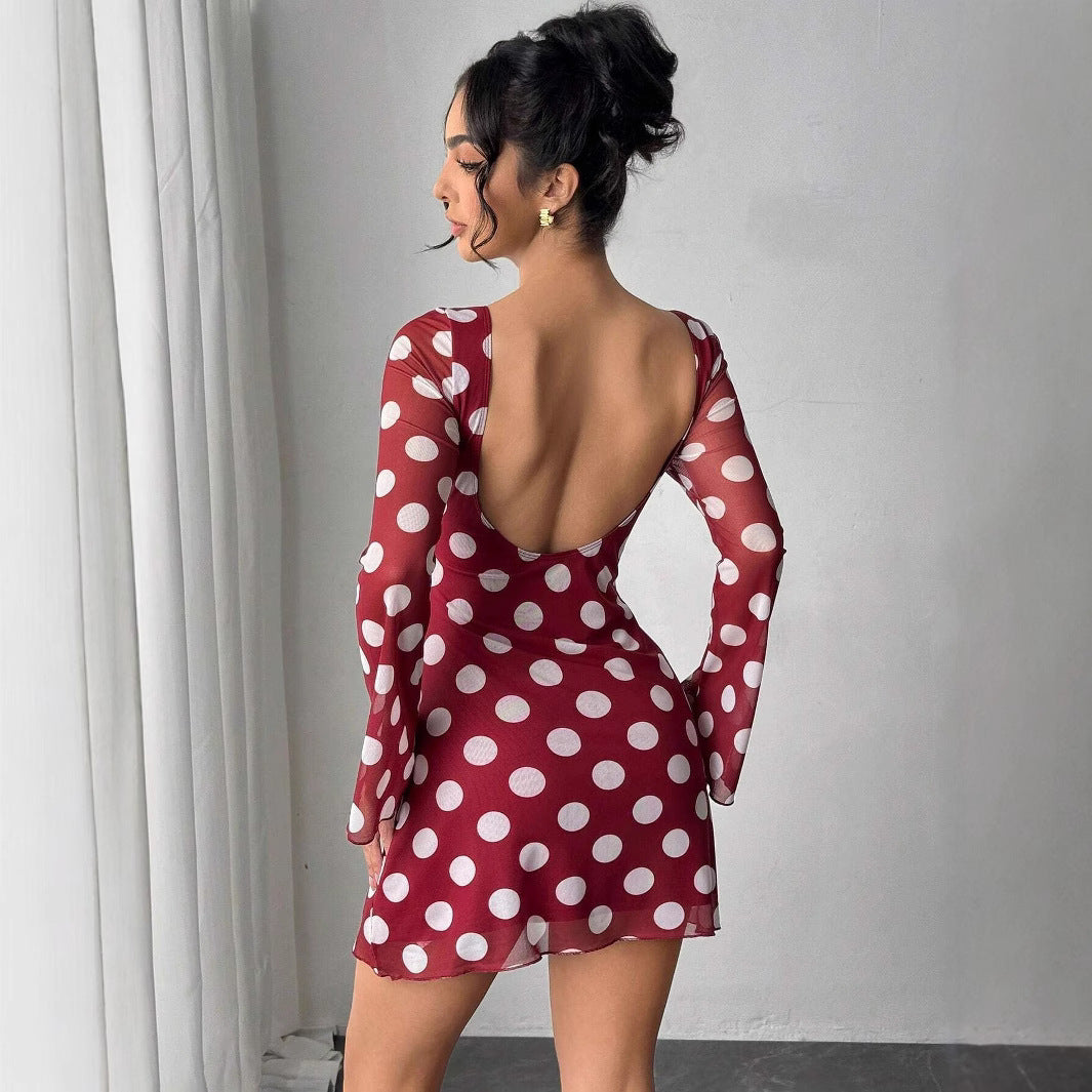 Sexy Polka Dot Backless Mesh Flare Sleeve Mini Dress